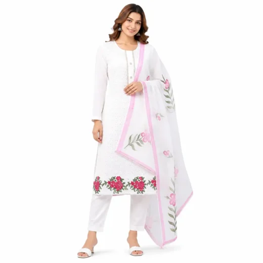 Elegant White Floral Cotton Kurta Set with Pink Printed Dupatta