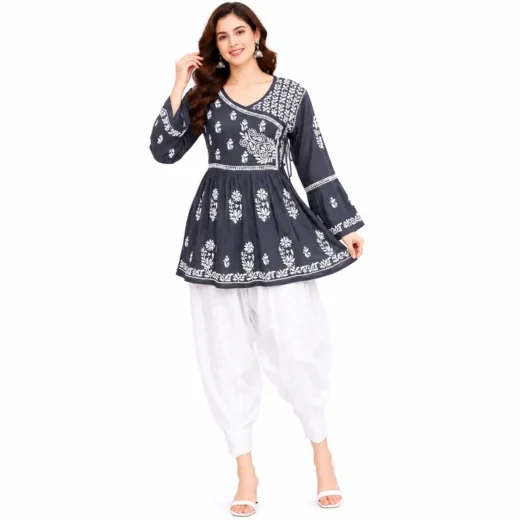 Navy Blue Floral Chikankari Printed Short Kurti for Women