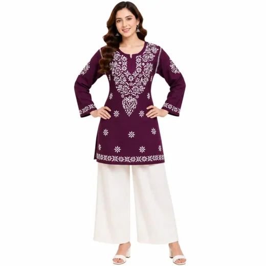 Wine Purple Chikankari Embroidered Short Kurti for Women