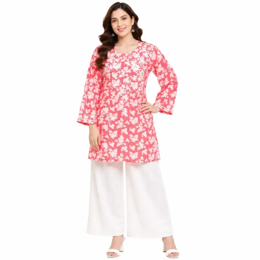 Pink Floral Chikankari Short Kurti for Women | Elegant Ethnic Wear