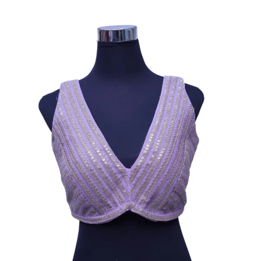 Designer Lavender Sequins Embroidered Deep Neck Saree Blouse
