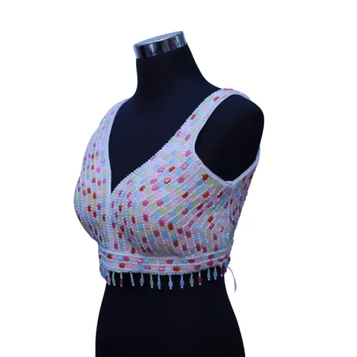 White Rainbow Beaded Designer Blouse for Women