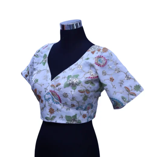 White Floral Sequin Embroidered Designer Blouse for Women