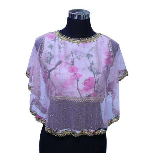 Designer Lavender Floral Cape Sleeve Saree Blouse for Women