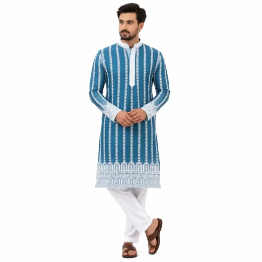 Men’s Teal Blue Embroidered Kurta Set