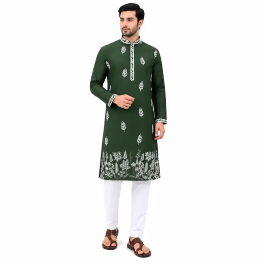 Men’s Dark Green Embroidered Kurta Set