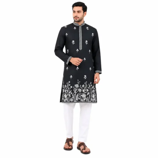 Men’s Black Embroidered Kurta Set