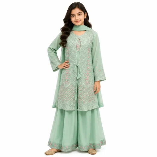 Kids Mint Green Embroidered Sharara Set