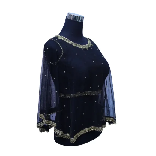 Designer Navy Blue Pearl Embellished Cape Saree Blouse