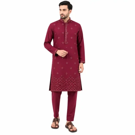 Men’s Maroon Embroidered Kurta Pajama Set