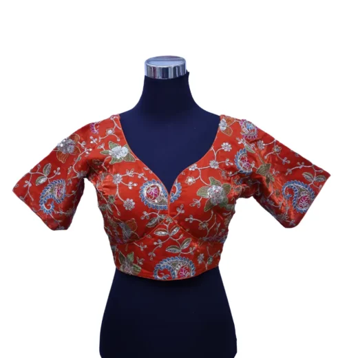 Rust Orange Floral Embroidered Designer Blouse for Women