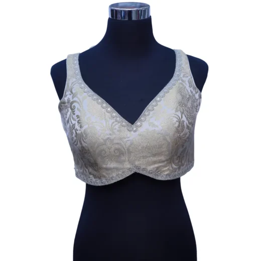 Silver Brocade Deep V-Neck Readymade Blouse for Women