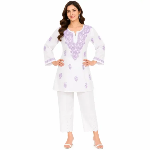 White Lavender Chikankari Embroidered Short Kurti for Women | Lucknowi Kurti
