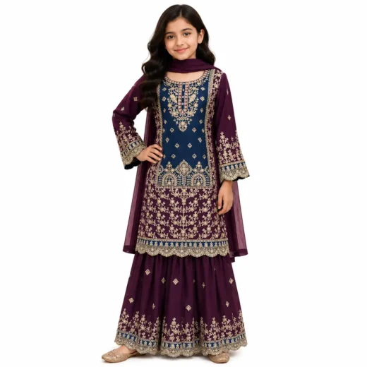 Kids Designer Embroidered Sharara Set – Purple & Navy Blue