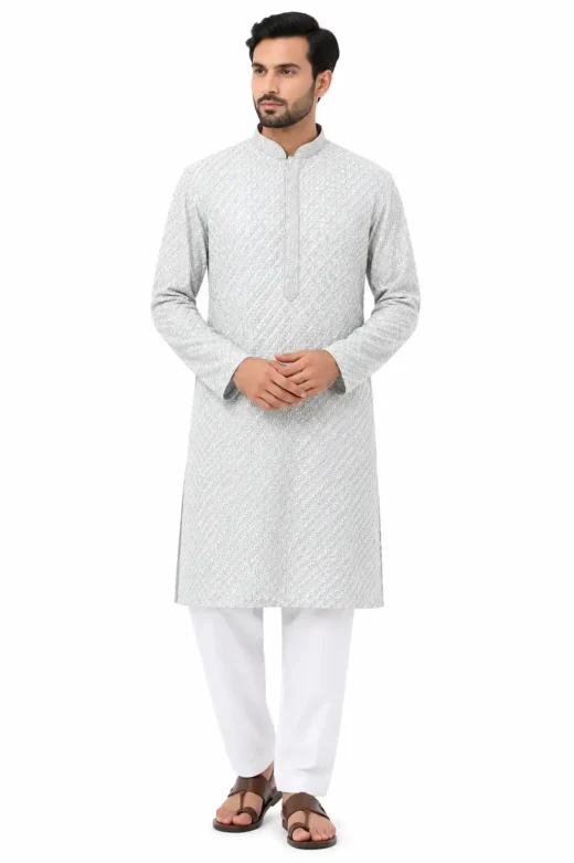 Men’s Ivory White Embroidered Kurta Pajama Set