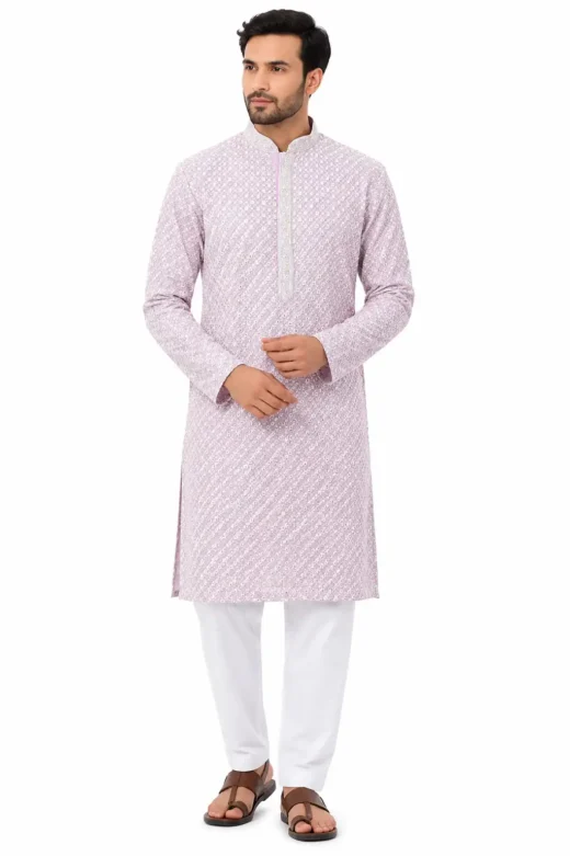 Men’s Pastel Pink Embroidered Kurta Set