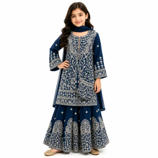 Kids Royal Blue Embroidered Sharara Set with Potli Bag