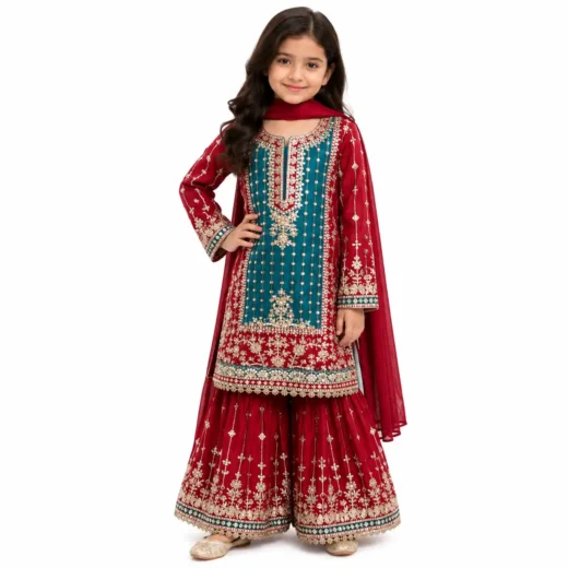 Kids Designer Embroidered Sharara Set – Maroon & Teal