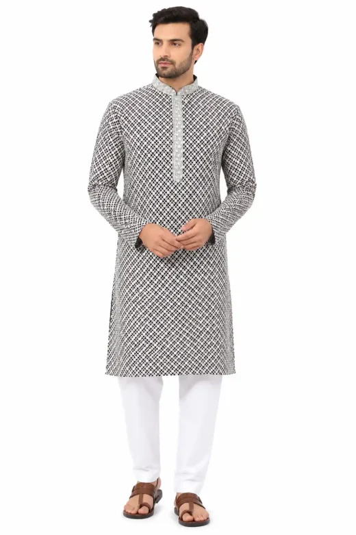 Men’s Black & White Embroidered Kurta Set