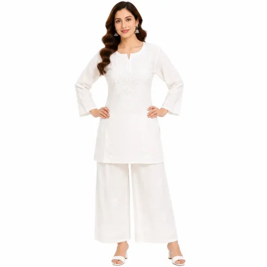 White Lucknowi Chikankari Embroidered Short Kurti for Women