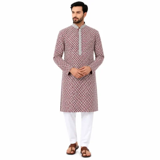 Men’s Maroon & White Embroidered Kurta Set