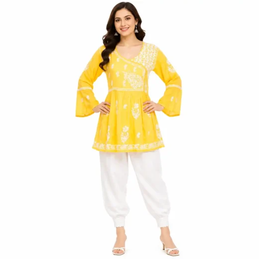 Yellow Chikankari Embroidered Peplum Kurti for Women | Lucknowi Kurti