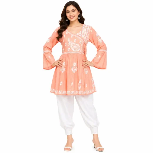 Peach Chikankari Embroidered Peplum Kurti for Women | Lucknowi Kurti