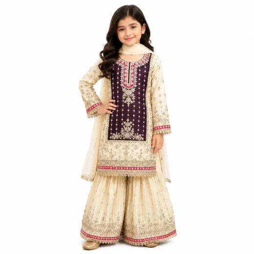 Kids Ivory & Plum Embroidered Sharara Set