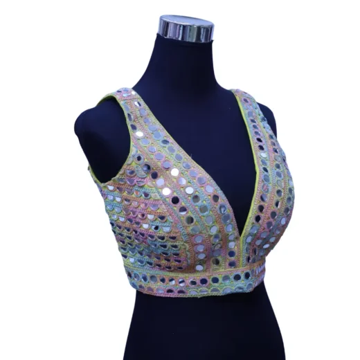 Pastel Mirror Work Deep V-Neck Designer Blouse for Women