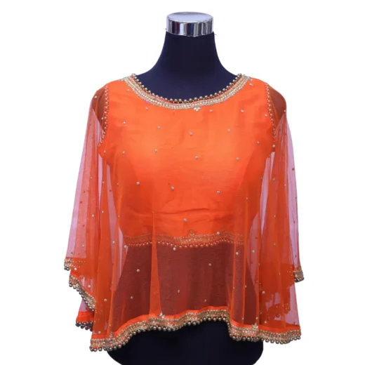 Designer Orange Net Cape Style Saree Blouse for Women