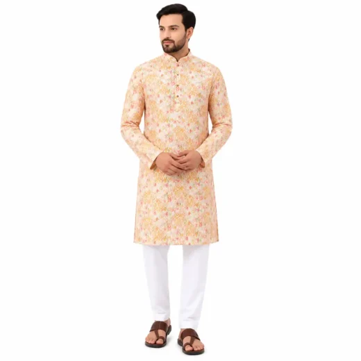 Men’s Peach Floral Printed Kurta Set