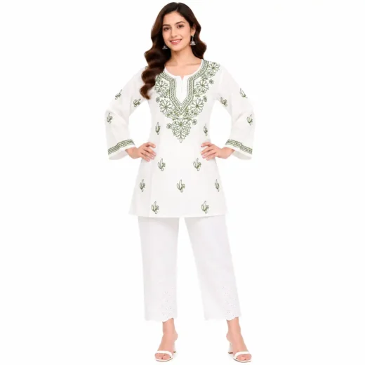 White Chikankari Embroidered Short Kurti for Women | Lucknowi Kurti