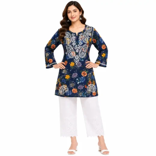 Navy Blue Floral Chikankari Printed Short Kurti for Women