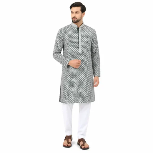 Men’s Black & White Geometric Kurta Set