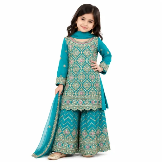 Kids Teal Blue Embroidered Sharara Set