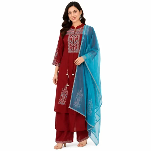Premium Red Embroidered Kurta Set with Teal Net Dupatta