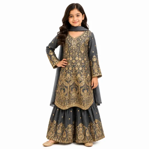 Kids Luxury Charcoal Grey Embroidered Sharara Set