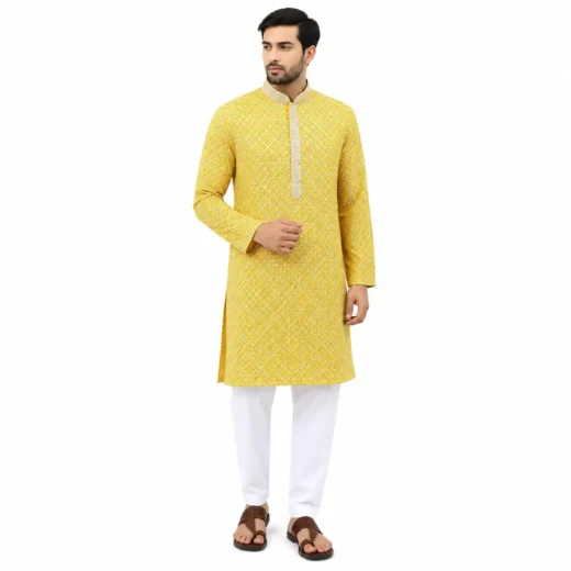 Men’s Mustard Yellow Printed Kurta Set