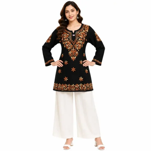 Black Lucknowi Chikankari Embroidered Short Kurti for Women