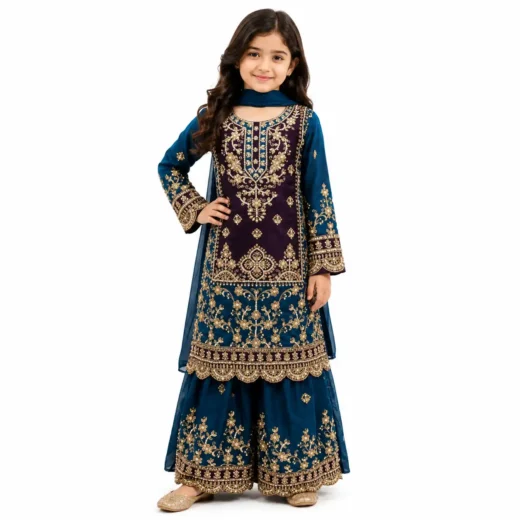 Kids Teal Blue & Plum Embroidered Sharara Set