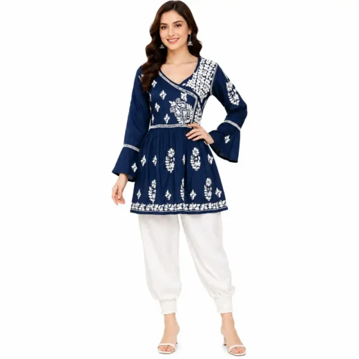 Navy Blue Lucknowi Chikankari Embroidered Peplum Kurti for Women