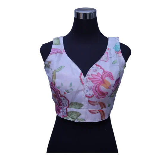 White Floral Printed V-Neck Readymade Blouse for Women
