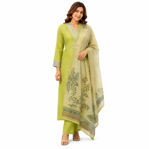 Women’s Light Green Kurta Set with Printed Dupatta