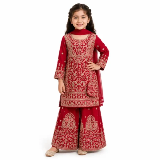 Kids Crimson Red Embroidered Sharara Set with Potli Bag