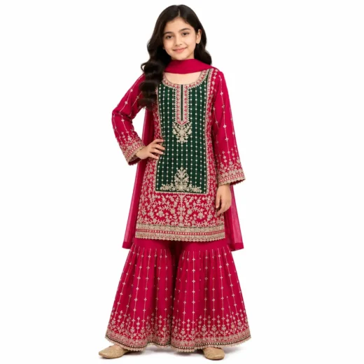 Girls Designer Fuchsia Pink & Emerald Green Sharara Set