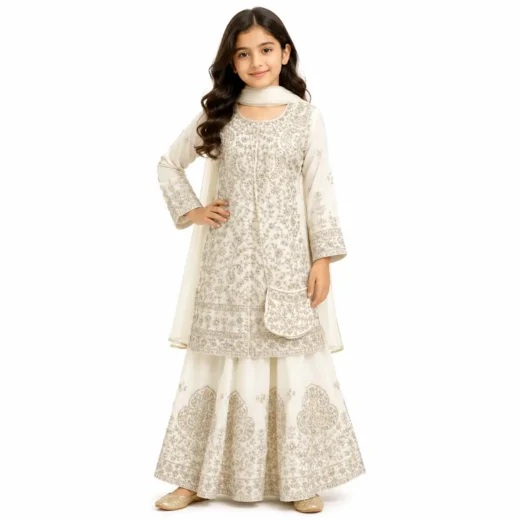 Girls Elegant Ivory Embroidered Sharara Set with Dupatta
