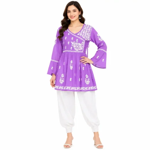 Purple Lucknowi Chikankari Embroidered Peplum Kurti for Women