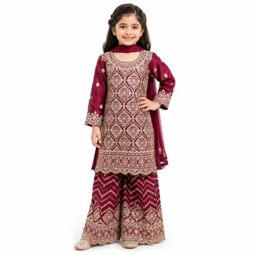 Girls Maroon Embroidered Sharara Set with Dupatta