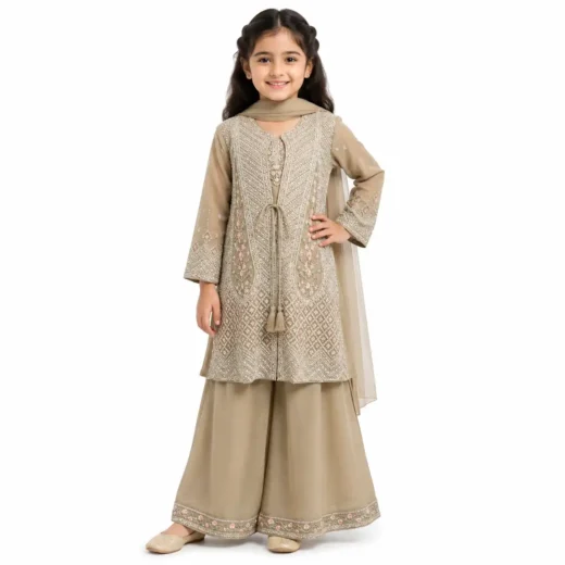 Girls Beige Embroidered Palazzo Set with Dupatta