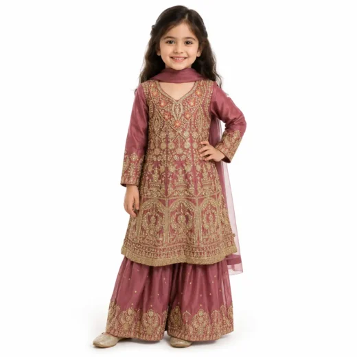 Girls Dusty Rose Pink Embroidered Sharara Set with Dupatta